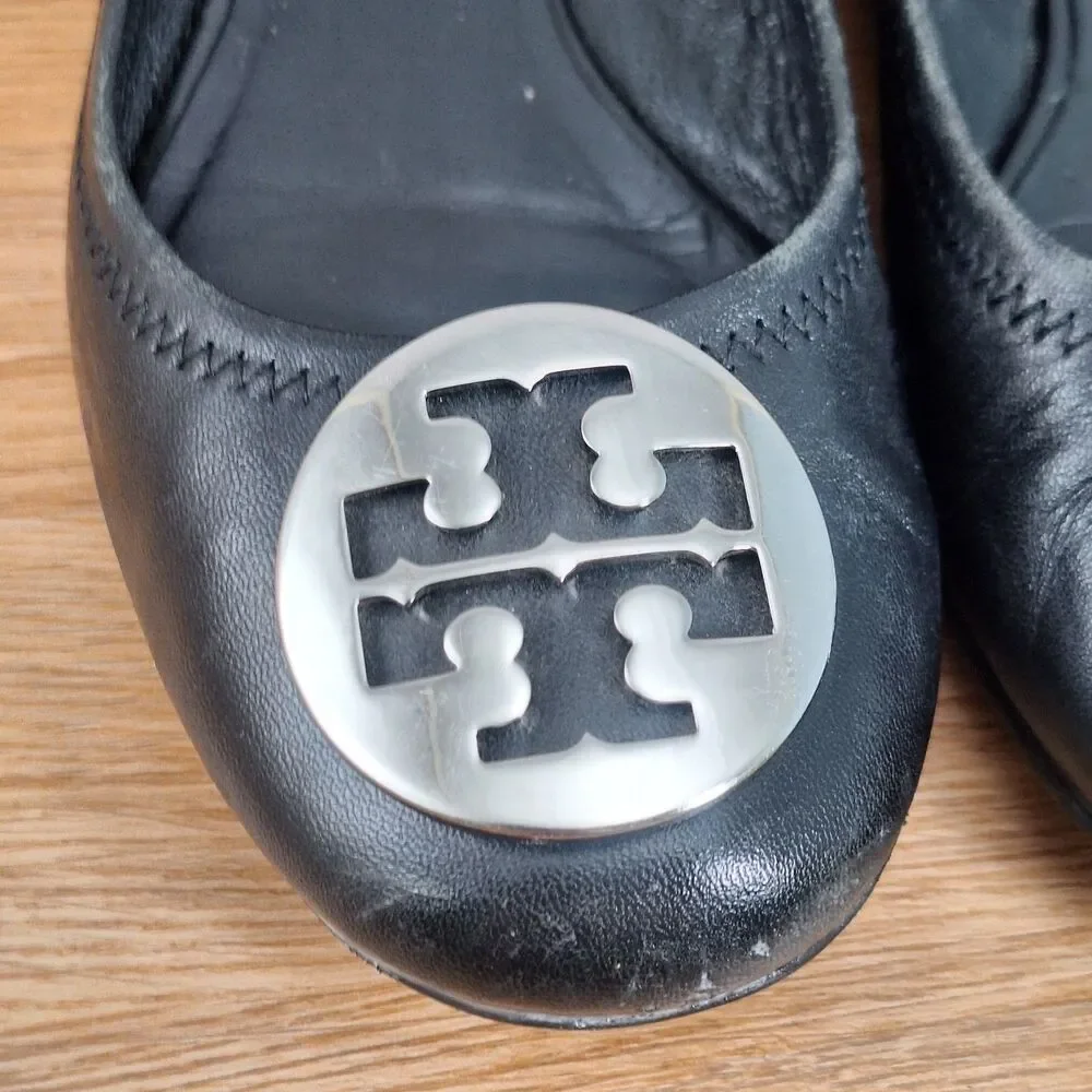 Tory Burch Minnie Travel Womens 7 Ballet Flats Black Leather Gold Logo Medallion